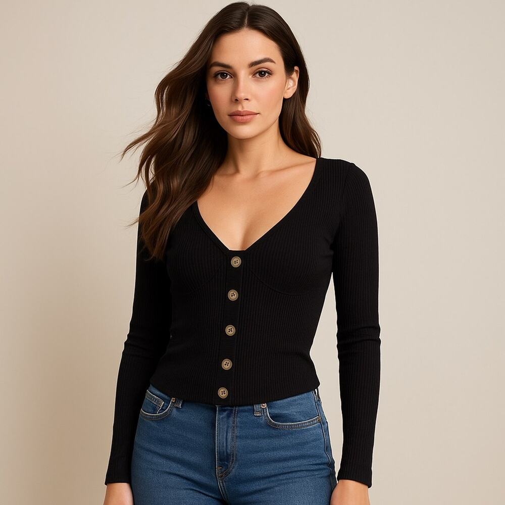 Reformation Black Ribbed Button Front Long Sleeve Top Women’s Medium Perfect - Picture 1 of 7